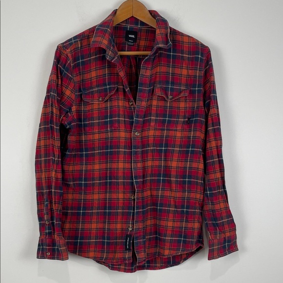 Vans Flannel Men’s Medium Plaid Shirt Classic Fit Orange Blue Fall - Picture 1 of 6